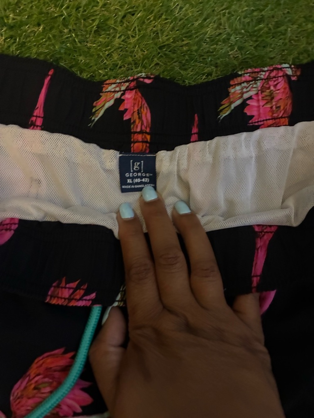 George Black Swim Shorts with Pink Floral Print and Turquoise Drawstring - Picture 3 of 5